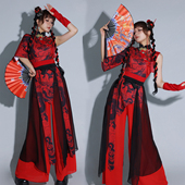 演出服装 年会红色中国风开场舞舞蹈表演套装 新款 女团打鼓舞衣服