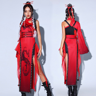 年会红色中国风大气开场舞表演套装新年演出服装女团打鼓舞蹈服