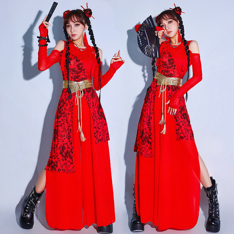 罗马布红色喜庆打鼓开场舞套装