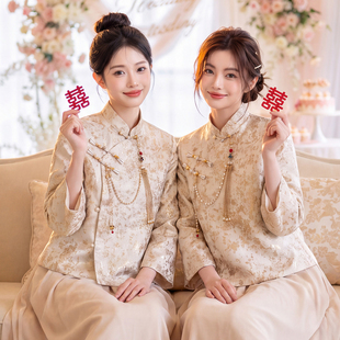 伴娘服中式冬装2026新款长袖礼服裙女小个子中国风香槟色旗袍大码