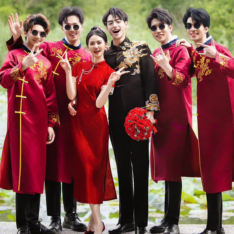 中式伴郎服兄弟装相声服大褂礼服男士搞笑中国风大马褂结婚兄弟团