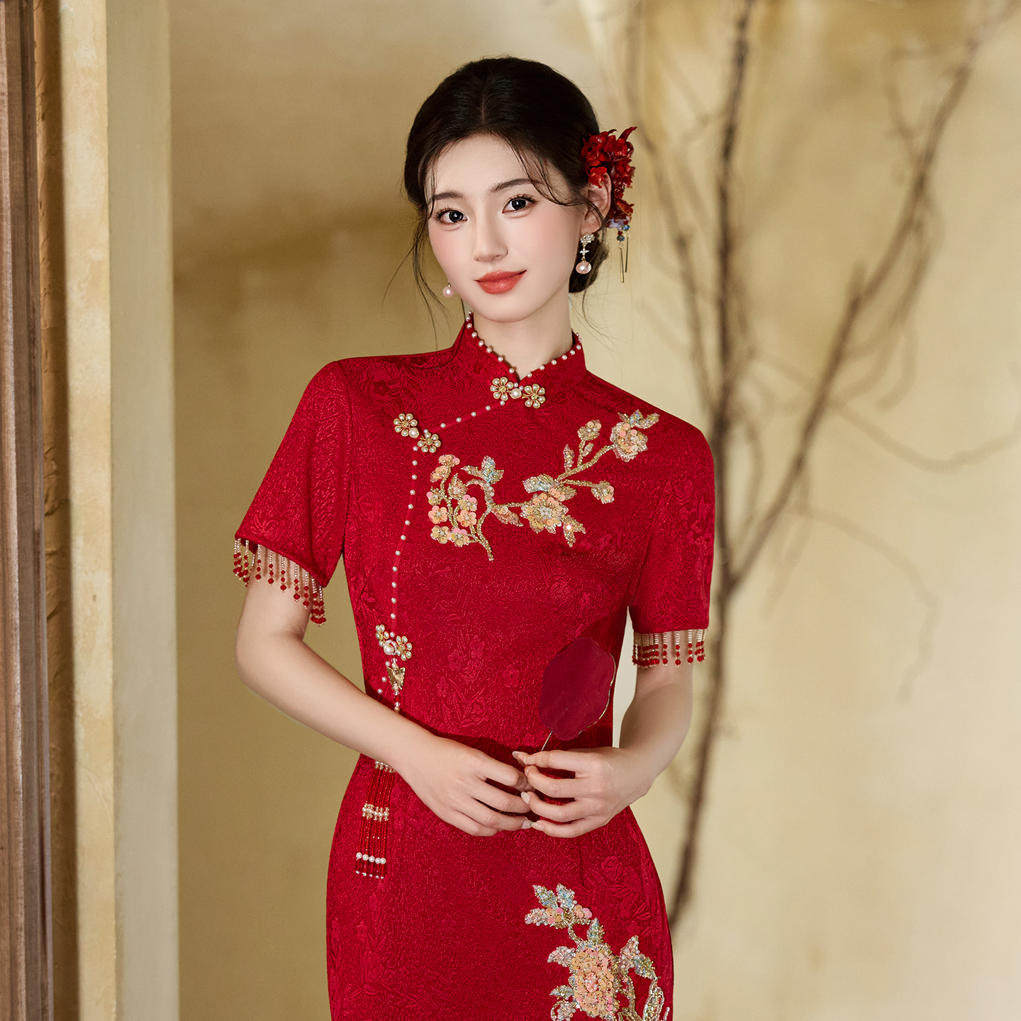新中式改良旗袍女红色订婚礼服