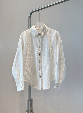 微皱纸感法式竖条纹原色亚麻质感衬衫 7DGZ24308