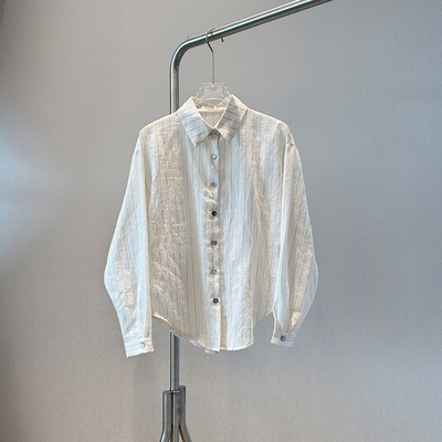 微皱纸感法式竖条纹原色亚麻质感衬衫 7DGZ24308