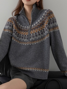 女装 2025秋冬新款 毛衣套头女款 牦牛绒费尔岛提花半拉链加厚款