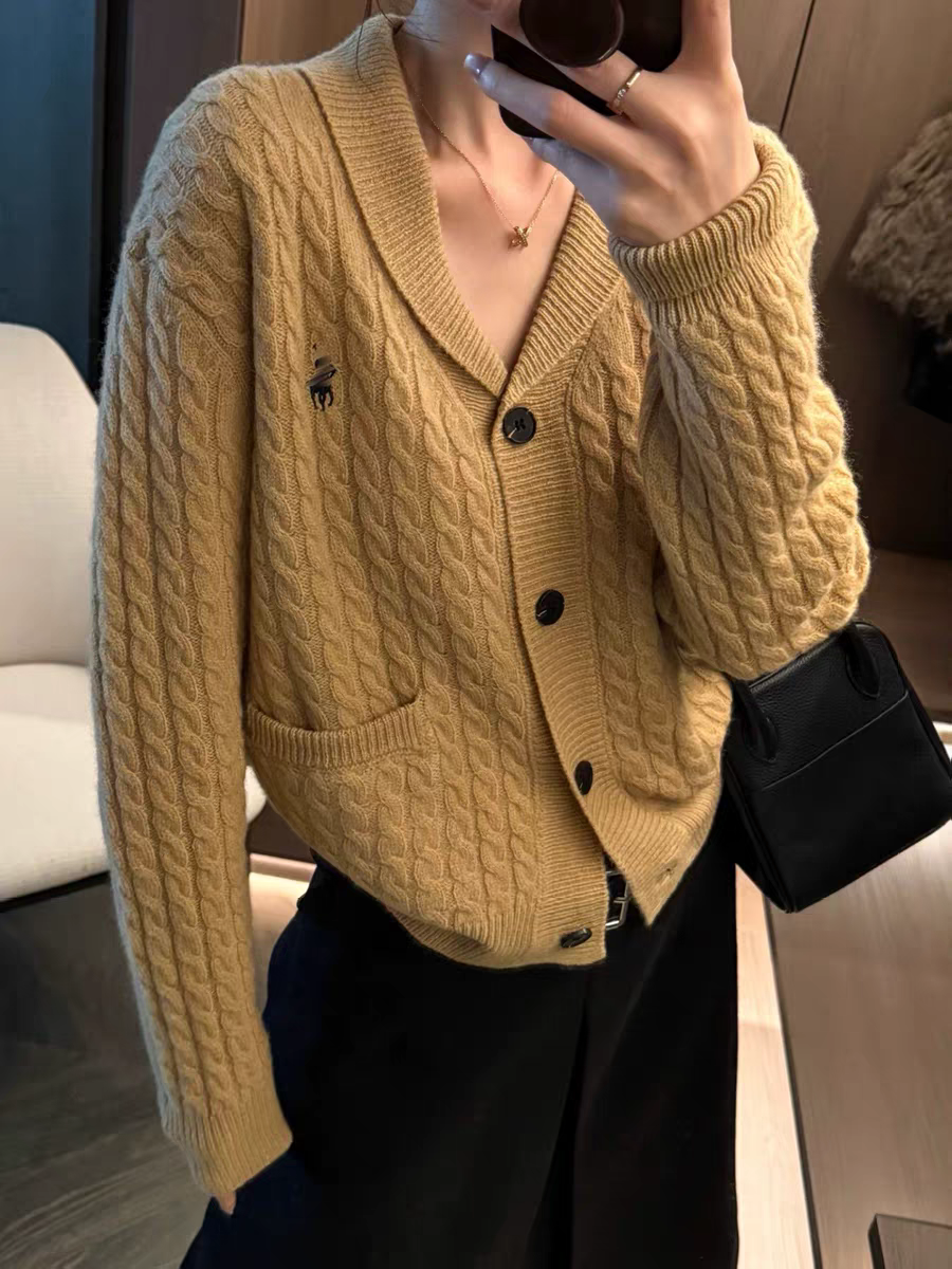100%羊毛开衫女2026春季新款青果领宽松青果领麻花针织毛衣外套