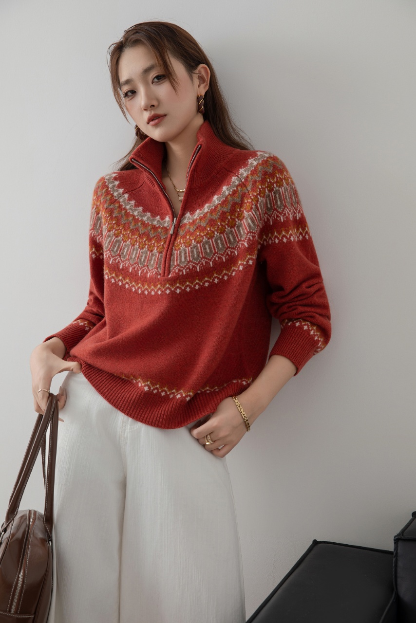 牦牛绒费尔岛提花半拉链加厚款毛衣套头女款2025秋冬新款女装