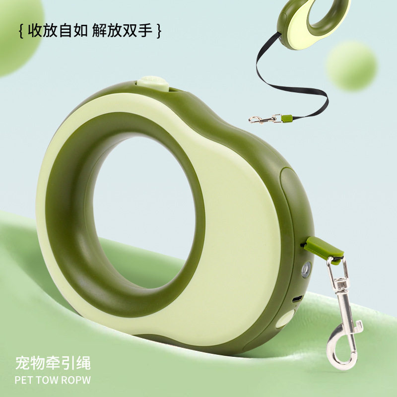 跨境新品宠物牵引绳伸缩LED灯夜间出行牵引绳一键锁扣充电牵引绳