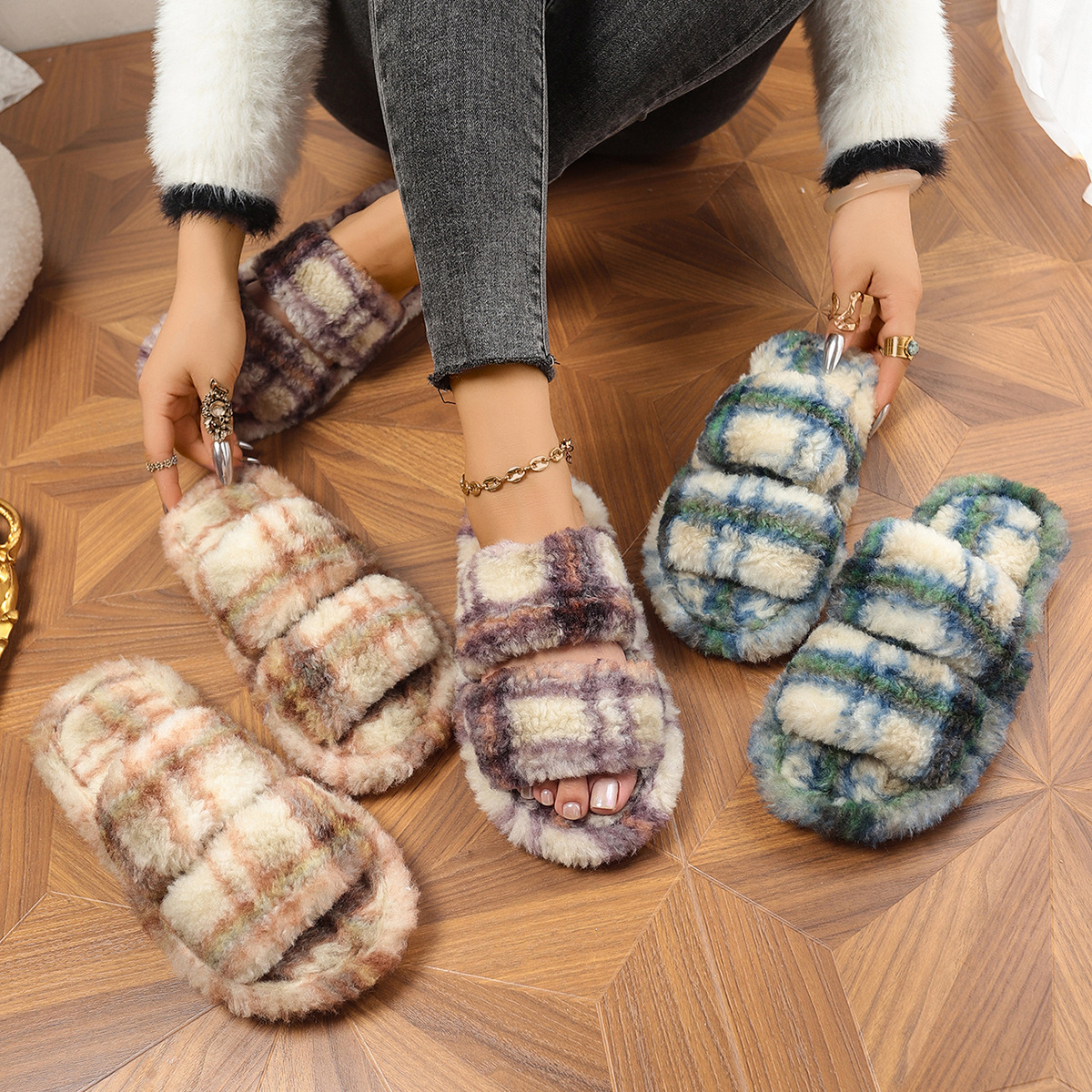 棉拖鞋女双条格子秋冬季毛绒保暖居家室内防滑毛毛拖鞋女