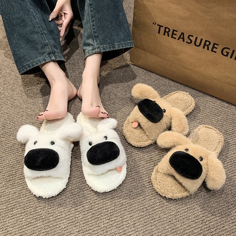 2025秋冬新款立体可爱卡通长耳朵狗毛绒一字休闲棉拖鞋毛茸茸