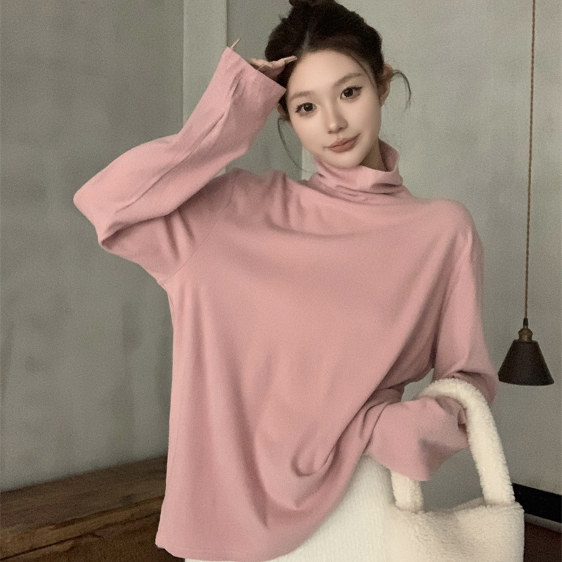 实拍实价 堆堆领慵懒风磨毛绒感纯色 高领宽松冬季长袖打底T恤女