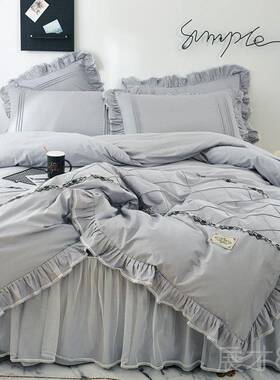 正品网款四件套全棉纯棉红水洗绿色裙n款is风公主风花边被套荷床