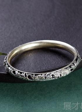 正品熙素手原创覆古镂空银手镯富贵芙蓉女立体工浮雕做花旧款纯银