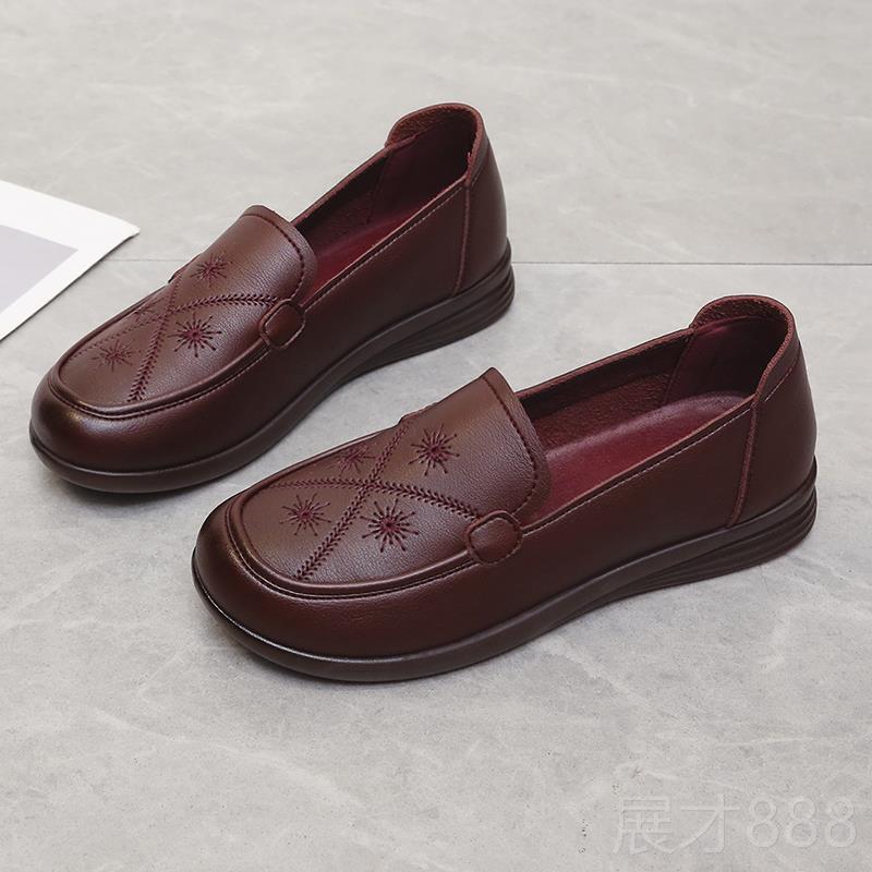 正品春秋中老单妈鞋女士真皮妈休闲鞋一脚蹬软底女老年北京皮鞋奶