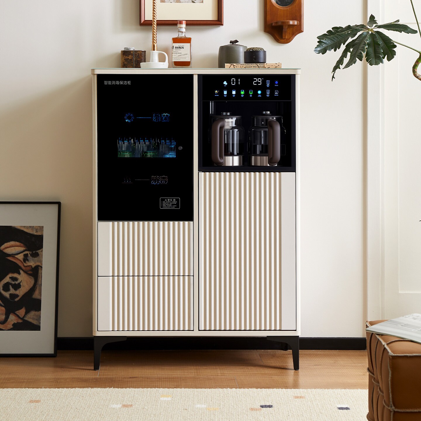 全自动家用智能茶吧机柜子一体柜水机消毒餐边柜奶油风2024新款饮