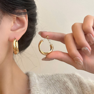 金色几何圆环交叉耳环女韩国轻奢气质设计感高级复古金属圈圈耳饰