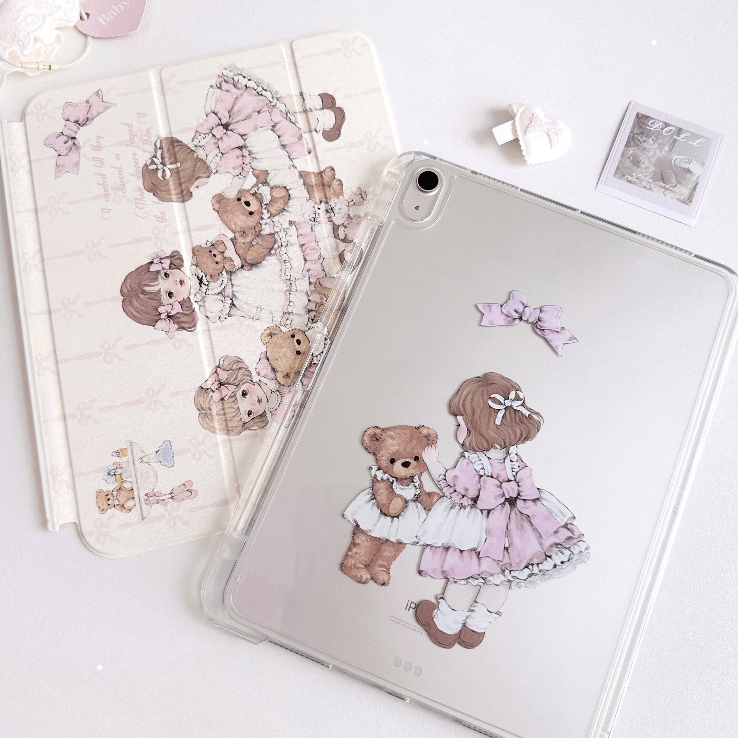 可露露原创小熊doll系列ipad保护套滑轨抽拉拆分三折笔槽防弯亚克力透明少女可爱洛丽塔适用于air456 pro11