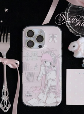 可露露原创「梦核少女」imd双层光面圆边手机壳粉色少女日系可爱动漫小众新款适用苹果15 16pro/promax保护套