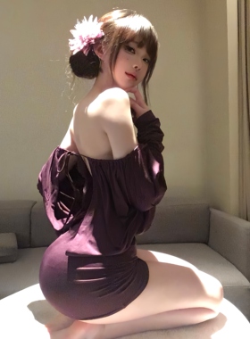 纯欲风紫色一字肩露背连衣裙女情趣海边度假性感辣妹包臀短裙子