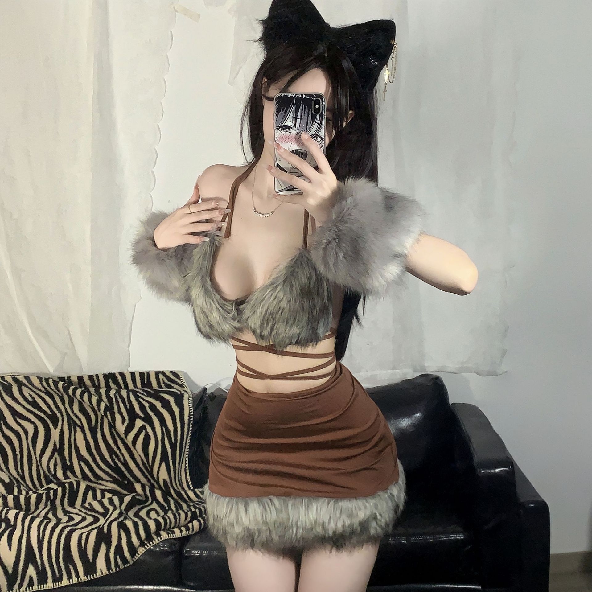 性感辣妹低胸拼毛毛设计修身露背短款背心显瘦包臀半身裙制服套装