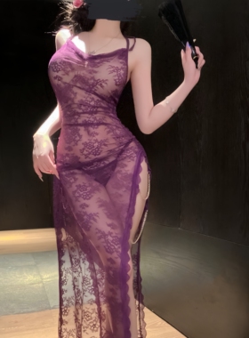 缠绵梦*性感大码蕾丝朦胧感高开叉旗袍裙若隐若现女链条性感睡衣