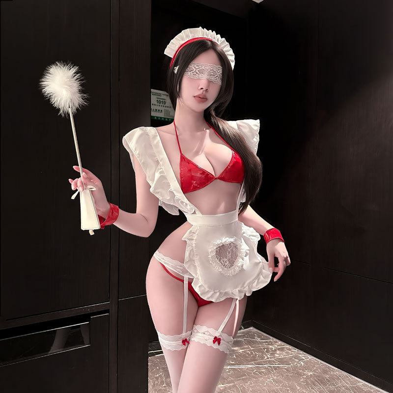 情趣性感红色漆皮文胸绑带qqny诱惑可爱女仆纯欲蓬蓬裙趣味qqny装