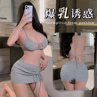 高端性感辣妹毛衣制服情取欧美床上镂空漏背小心机上衣包臀裙趣味