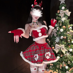 新年性感纯欲麋鹿圣诞套裙绒毛花边格裙拼接点缀修身 抹胸套裙冬季