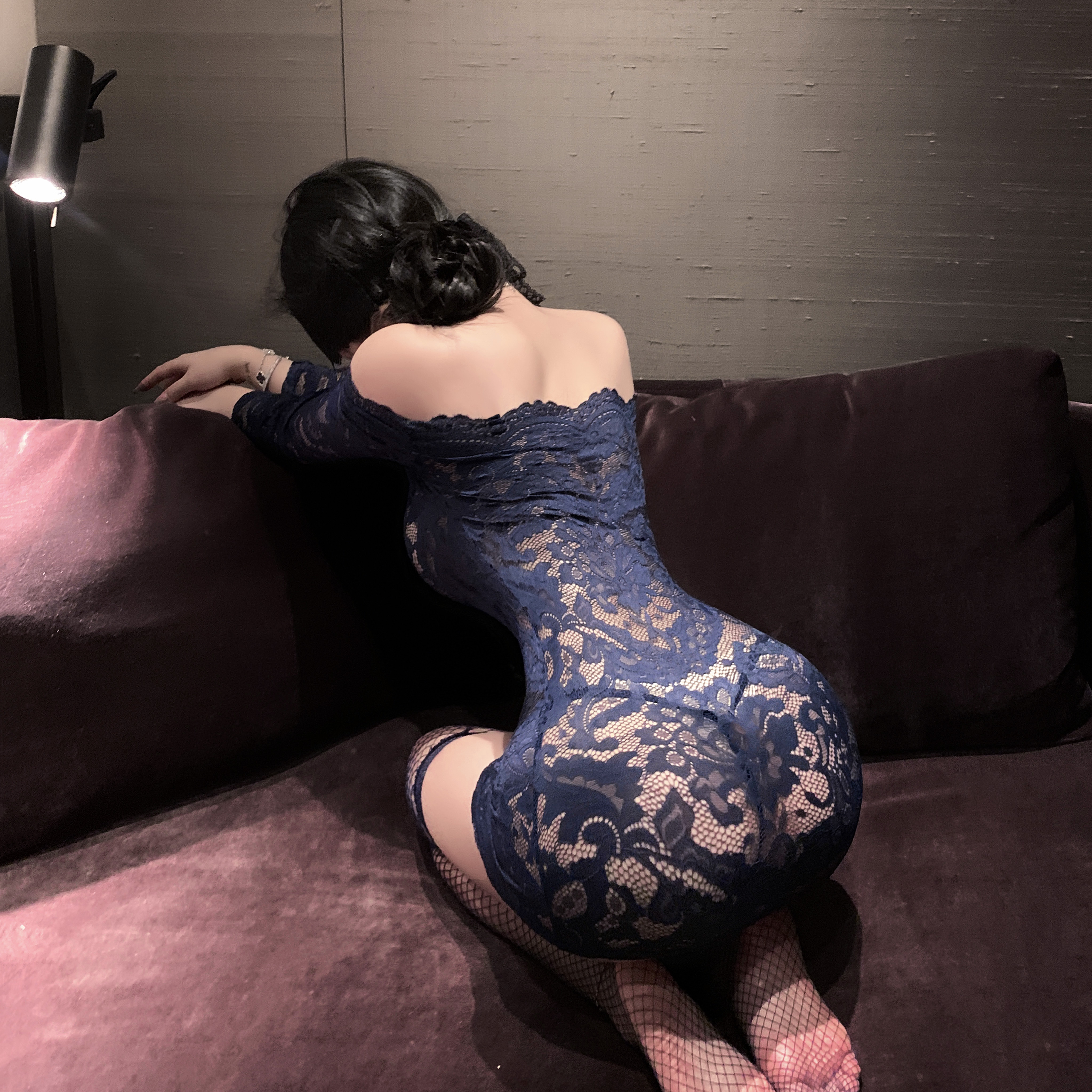蓝色欲姬*性感一字肩透视蕾丝连衣裙女纯欲风御姐修身包臀裙