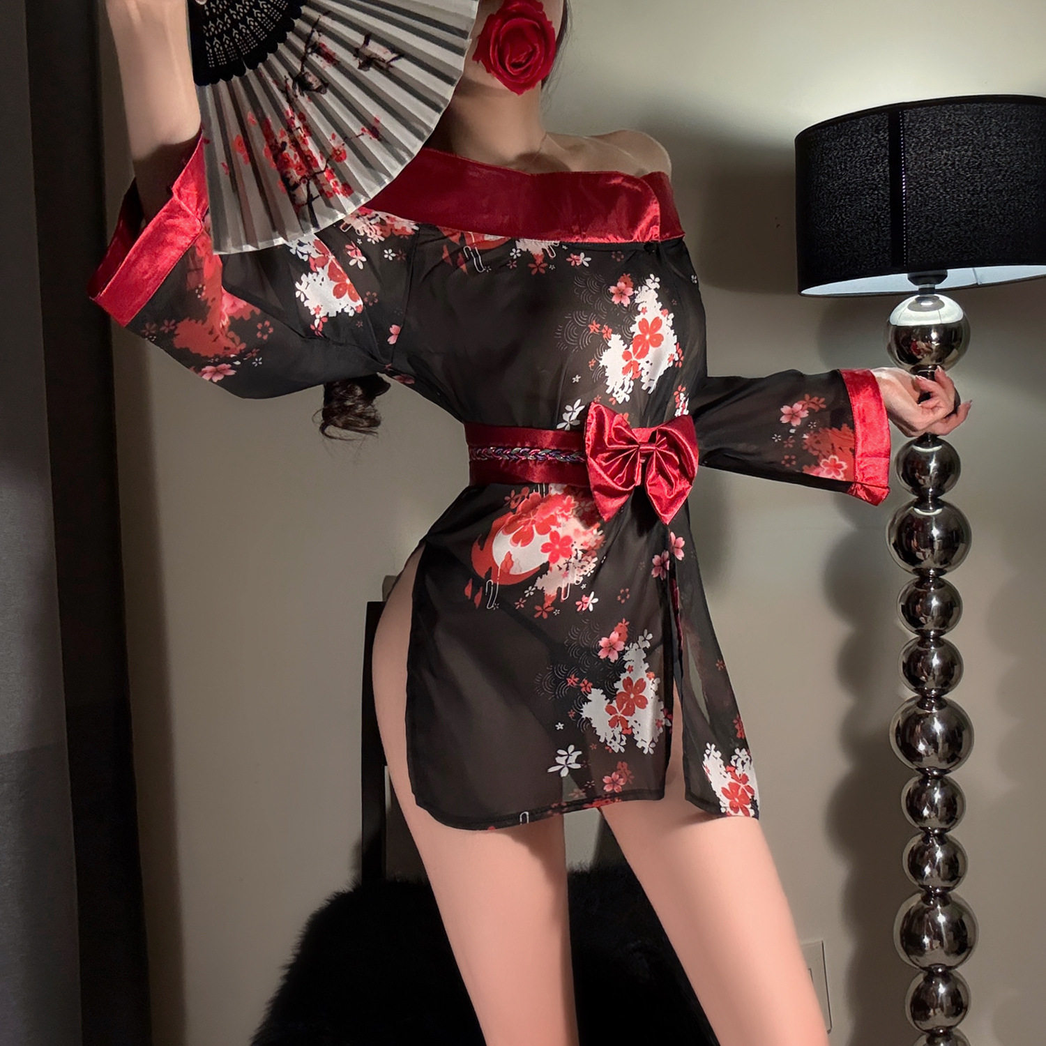 花房美人*性感露肩一字肩日系和服蝴蝶结腰封透视高开叉开衫制服