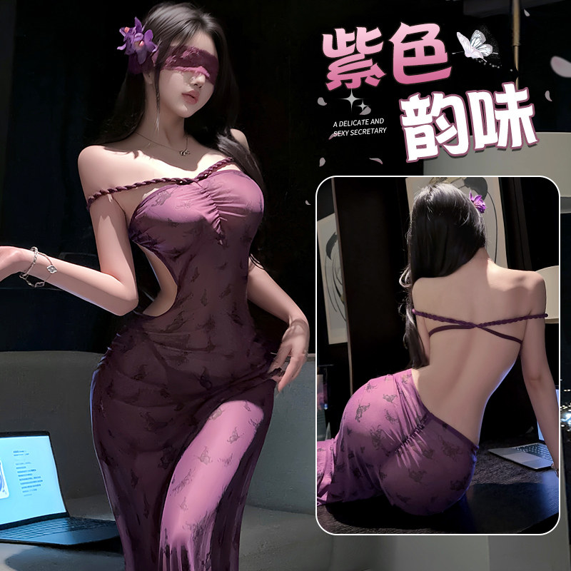 情趣味内衣性感旗袍印花抹胸柔纱透视弹力紧身长裙睡裙高个子qqny