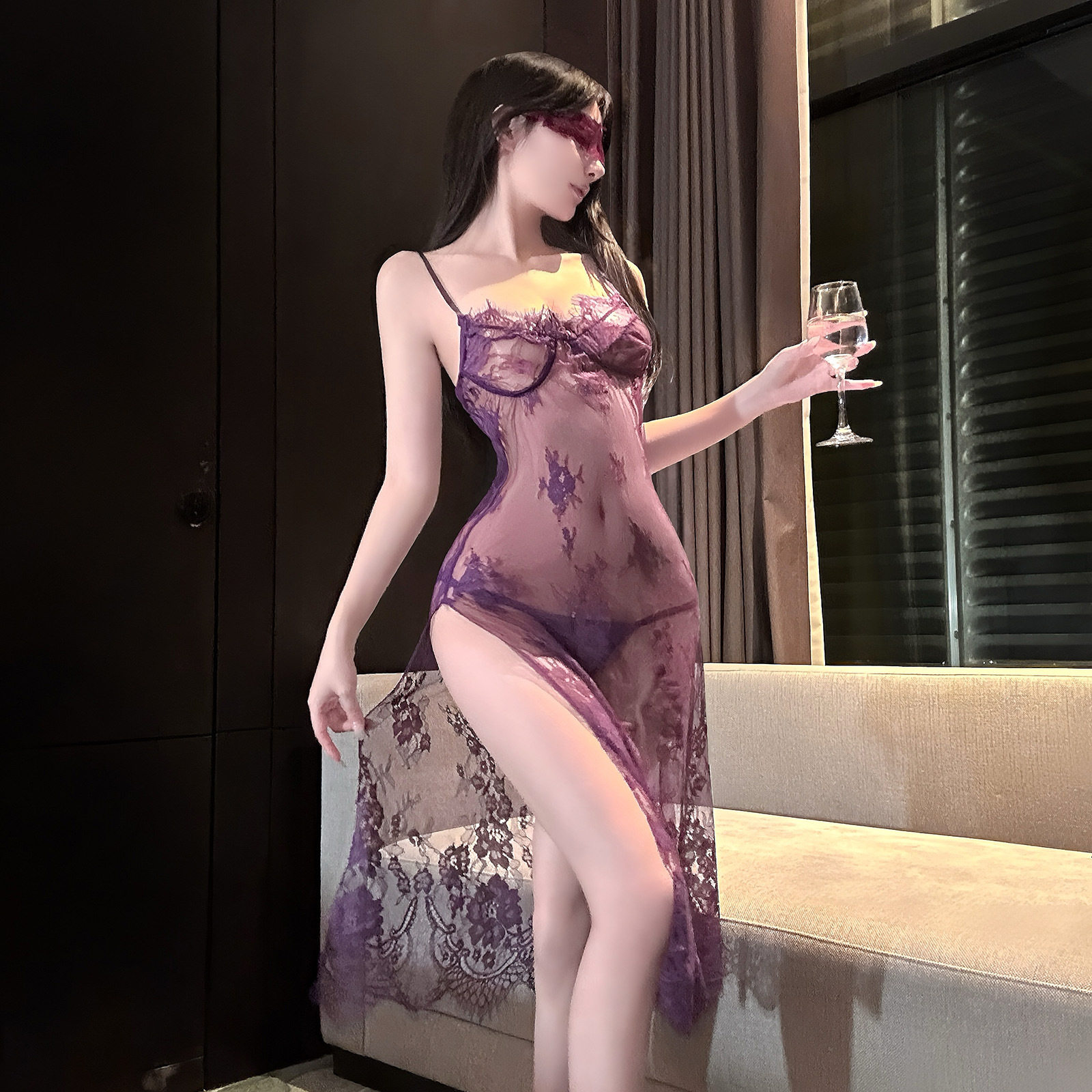 缠绵梦*性感大码蕾丝朦胧感高开叉旗袍裙若隐若现女长裙性感睡衣