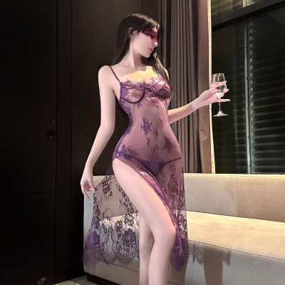 缠绵梦*性感大码蕾丝朦胧感高开叉旗袍裙若隐若现女长裙性感睡衣