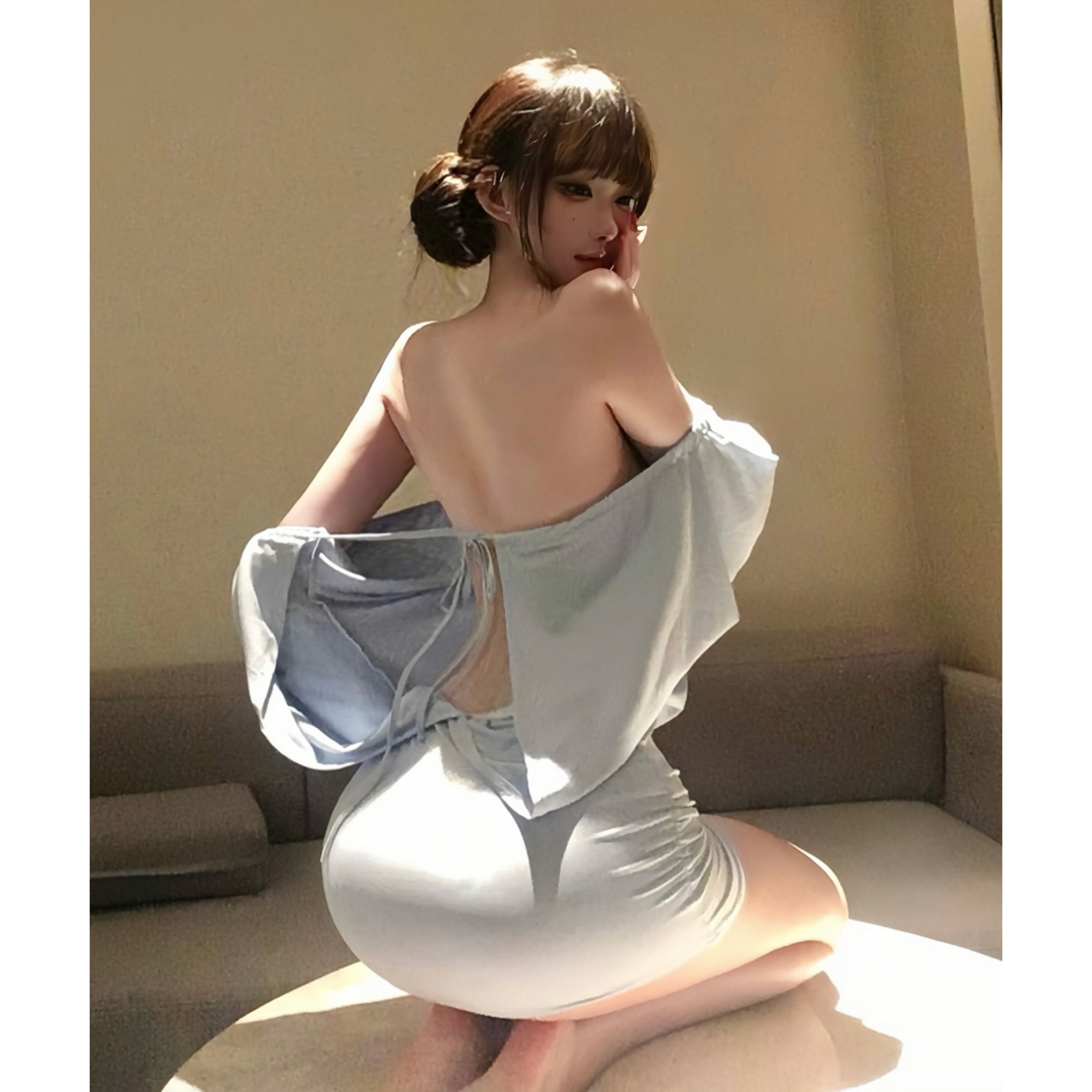 情趣蓝色一字肩长袖连衣裙女显瘦收腰裙子蝙蝠袖纯欲辣妹包臀裙短