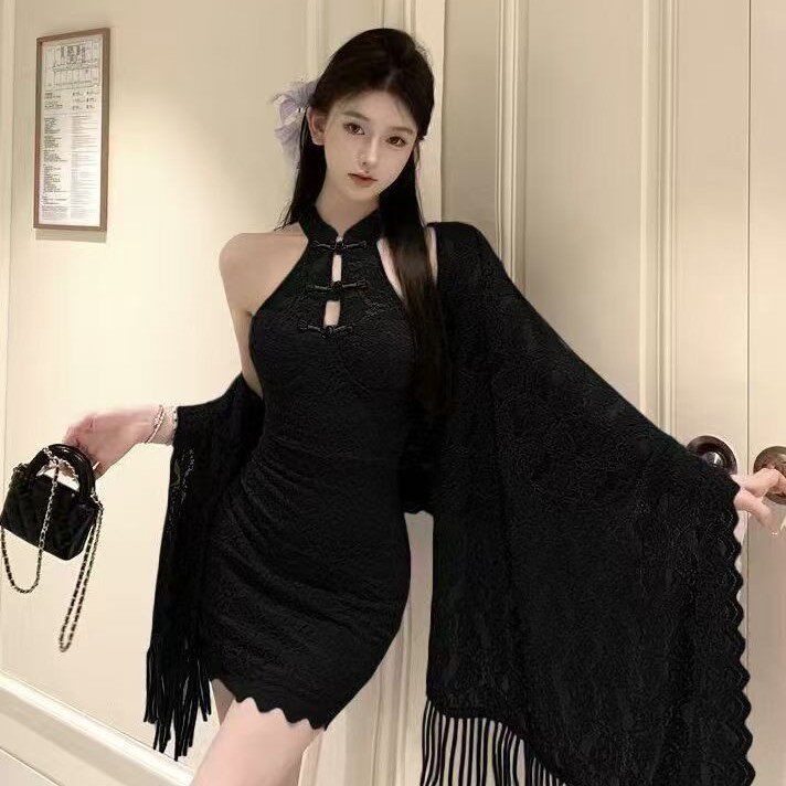 性感辣妹新中式旗袍女国风黑色披肩开衫蕾丝镂空旗袍挂脖连衣裙