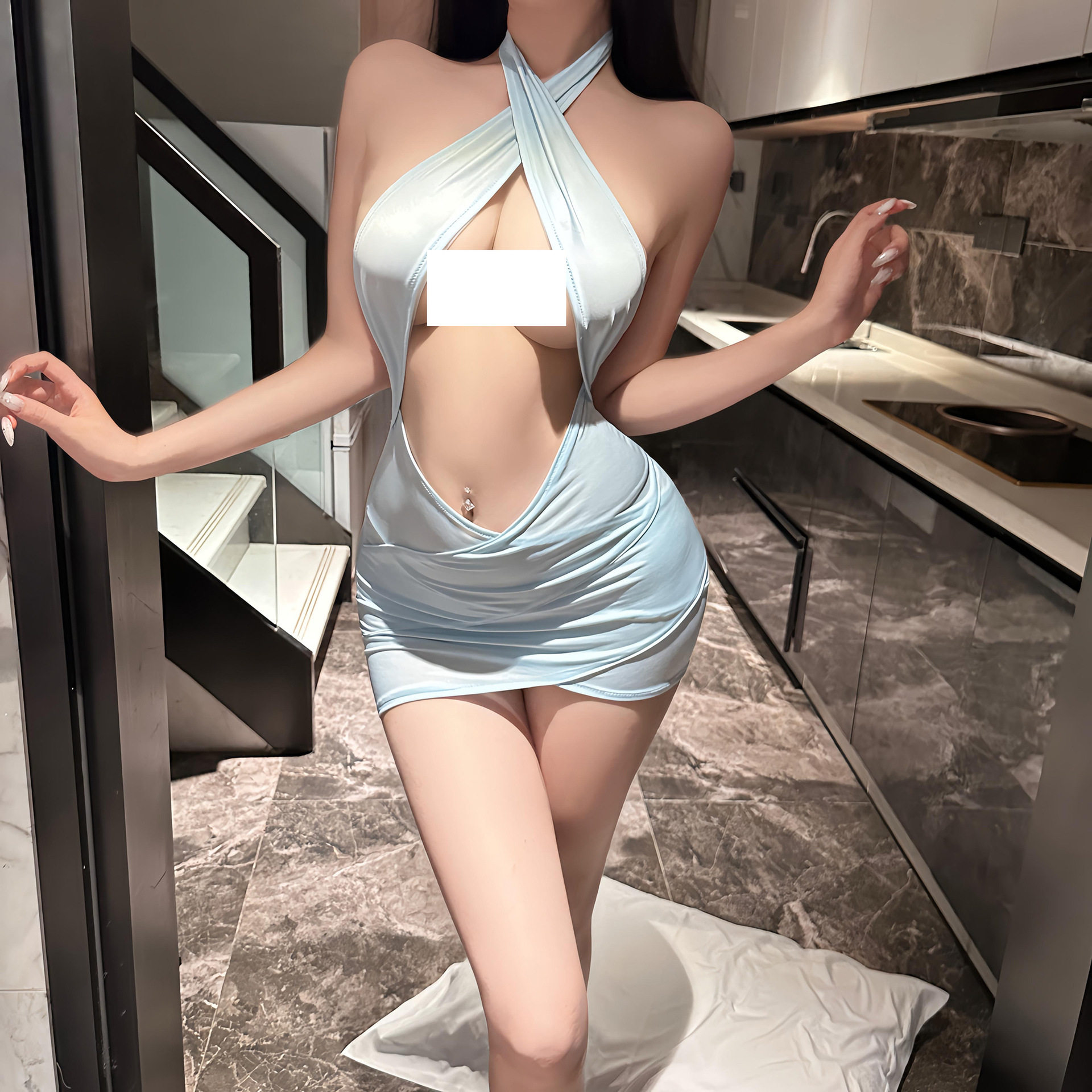 情趣味内衣性感刺激挂脖镂空包臀睡裙女纯欲V领露背勾魂秘书制服