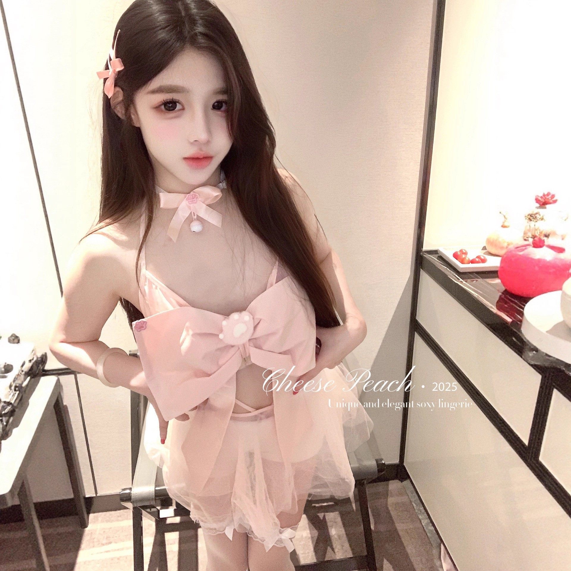 蜜桃喵诱*纯欲可爱蝴蝶结网纱透视粉色小胸加大码猫咪cos制服套装