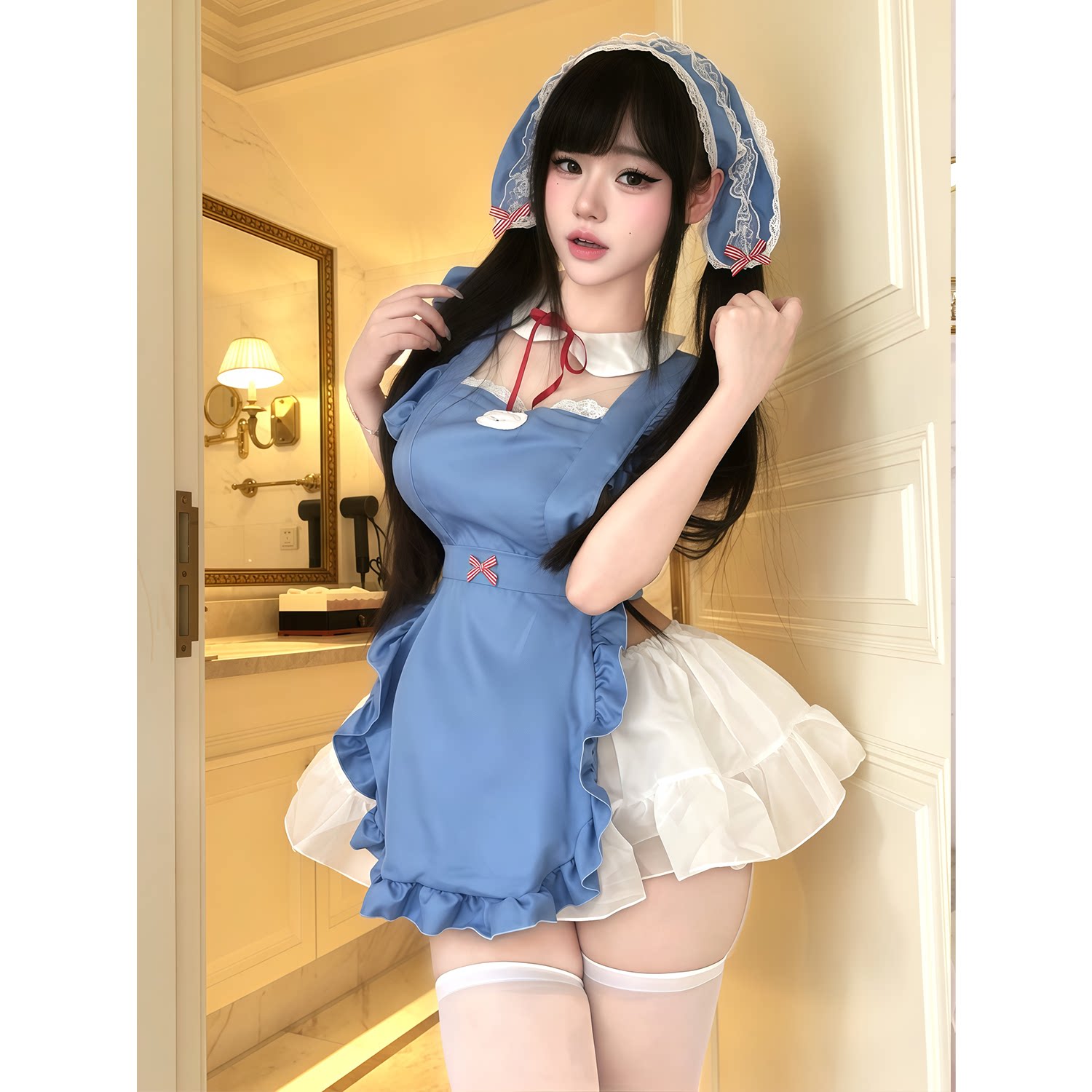 蓝调甜心*纯欲可爱蓝色甜欲围裙荷叶边蓬蓬裙套装女内衣情趣女仆