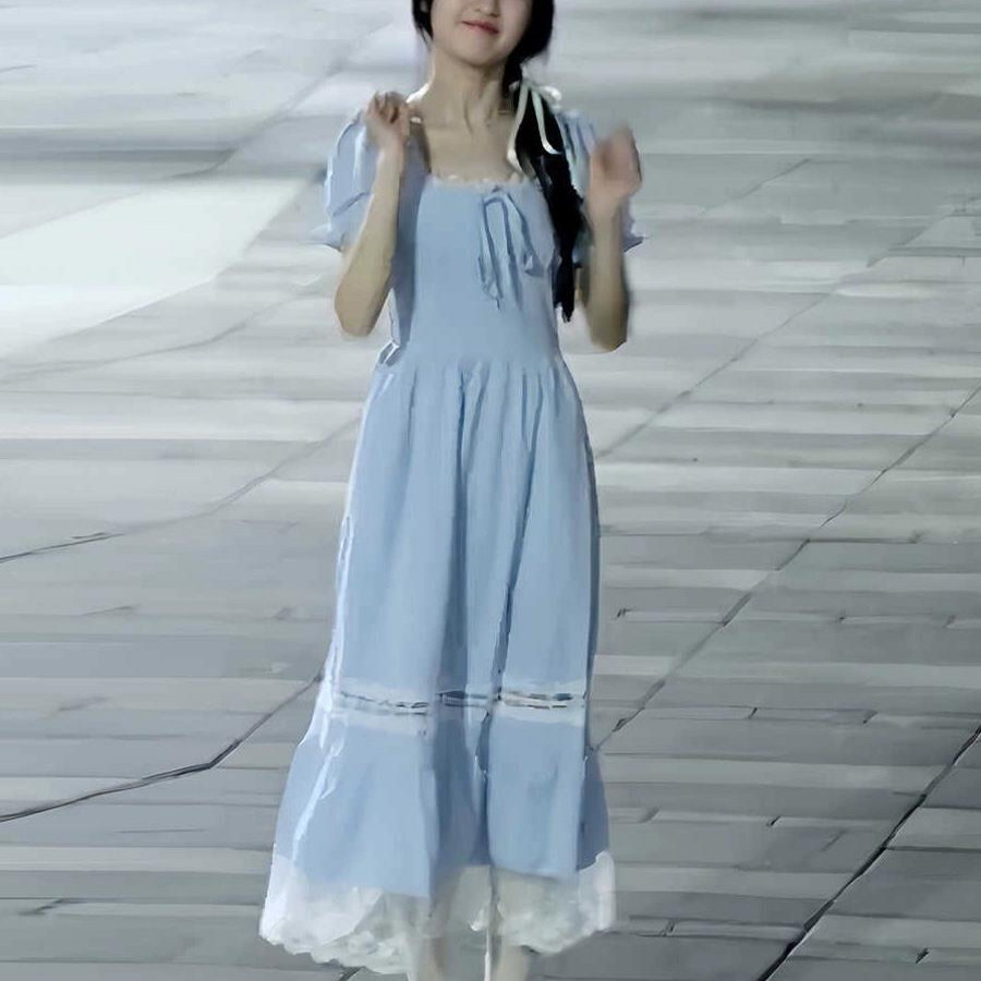 法式甜美方口领奶蓝色连衣裙女学生显瘦气质超仙森系仙女公主长裙