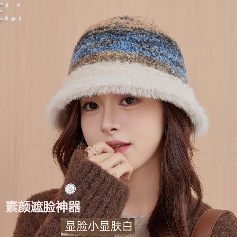 毛绒渔夫帽子女加厚保暖网红护耳水桶帽2024彩色纹盆帽百搭显脸小