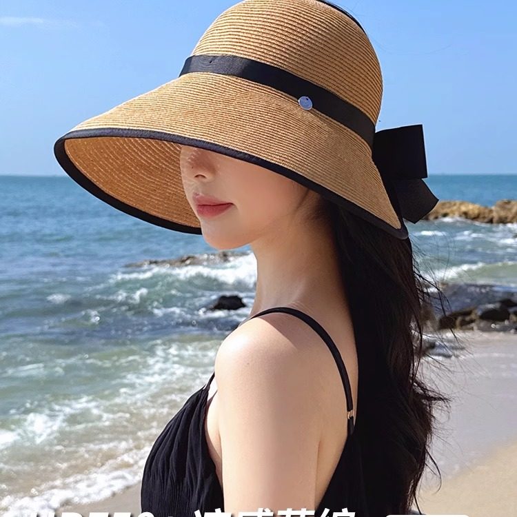 夏季大檐可折叠草帽女2025新款防紫外线出游时尚百搭遮脸空顶帽子