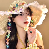 彩色蝴蝶蕾丝边草帽女夏季 大帽檐遮阳防晒帽海边沙滩度假太阳帽子