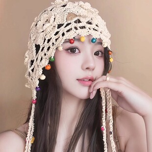 彩珠波西米亚花朵流苏编织包头帽女镂空民族风套头帽手工针织帽子