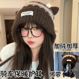 可爱猫耳朵费尔岛毛线帽女冬季加绒保暖帽子包头帽针织帽显脸小潮
