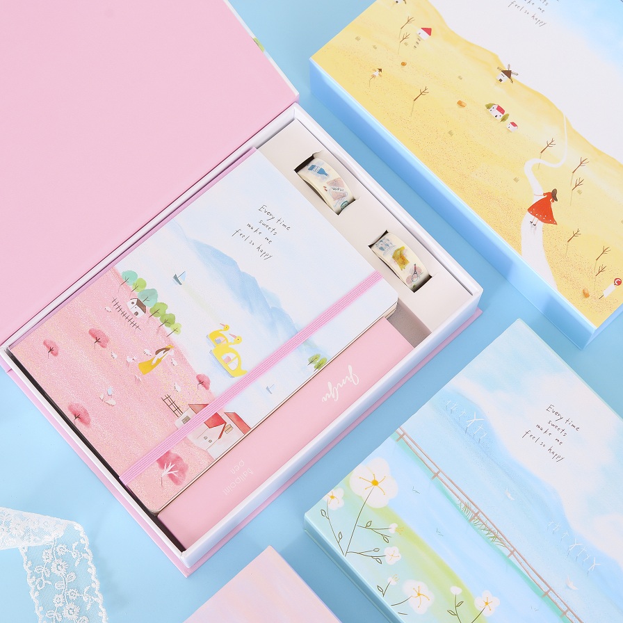 金谷礼盒日记本记事本手账本简约学生手绘涂鸦韩国小清新精美文具礼品套装创意文具便携记事本礼品礼盒手帐本