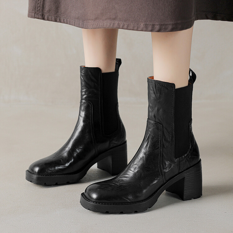 复古厚底粗跟短靴一脚蹬套筒单靴