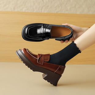 法式复古棕色厚底小皮鞋乐福鞋女2025春秋新款一脚蹬真皮深口单鞋