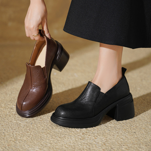 圆头小皮鞋 一脚蹬通勤单鞋 女2026新款 头层羊皮增高厚底粗跟乐福鞋