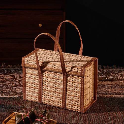 竹篮子手提篮粽子月饼螃蟹水果香肠腊肉特产竹编方形包装竹篮礼盒