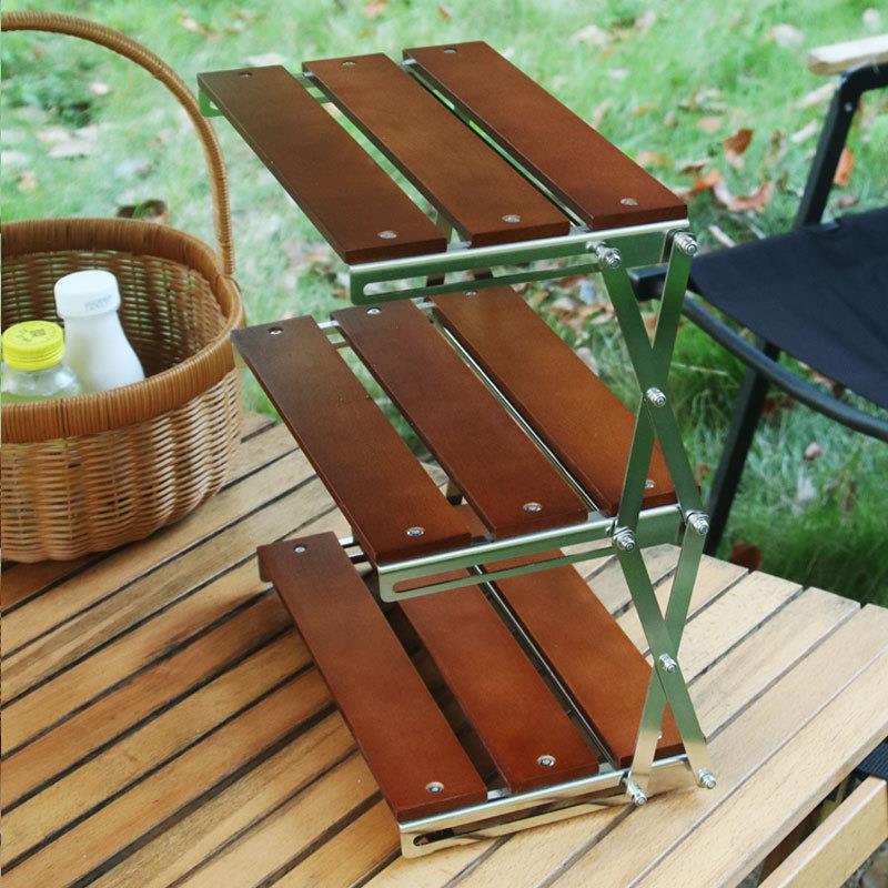 厂家户外露营多功能桌面可伸缩木质收纳架简约现代三层折叠置物架